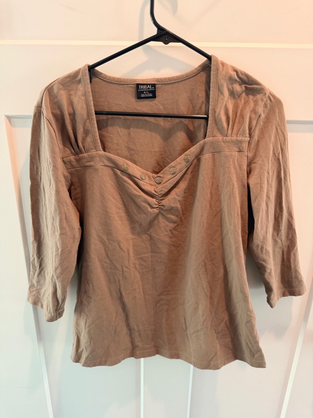 Tribal Taupe Stretch Top Large 3/4 Sleeve Casual Comfort Blouse